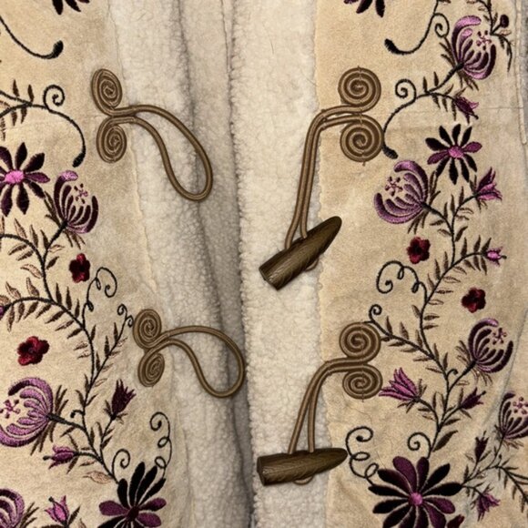 Bohemian Genuine Leatherher Floral Embroidered Tan Jacket Coat Button Up - Picture 4 of 8